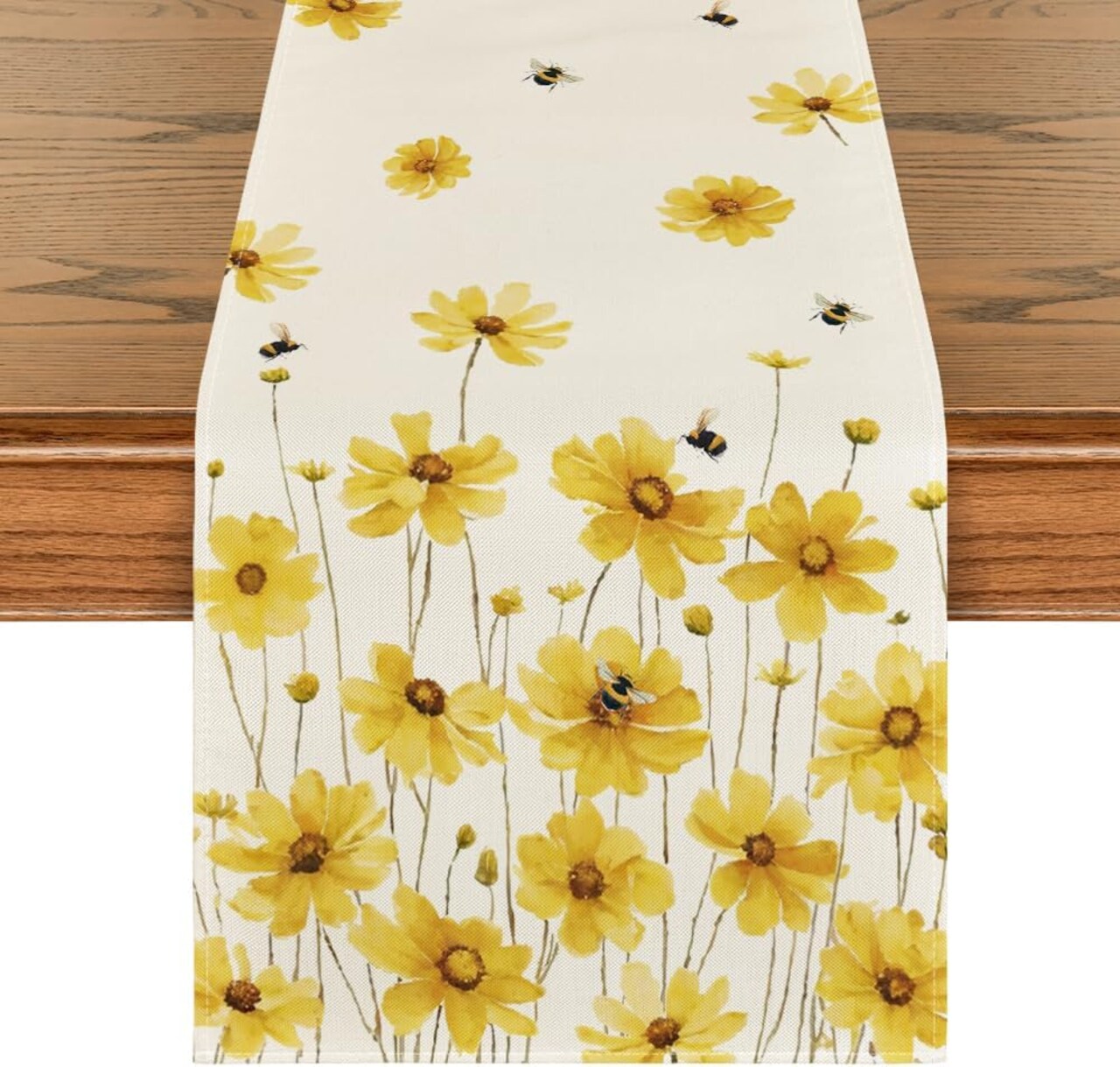 Yellow Flowers Daisy Bees Summer Table Runner, Seasonal Easter Fall Holiday Kitchen Dining Table Decoration for Home Party Indoor